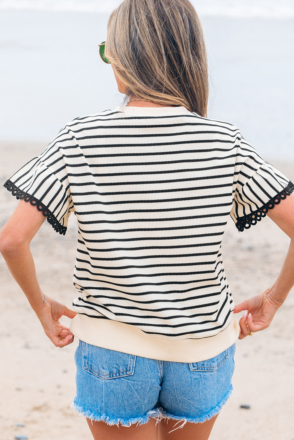 Green Stripe Scallop Lace Trim Ruffle Short Sleeves Crewneck Top