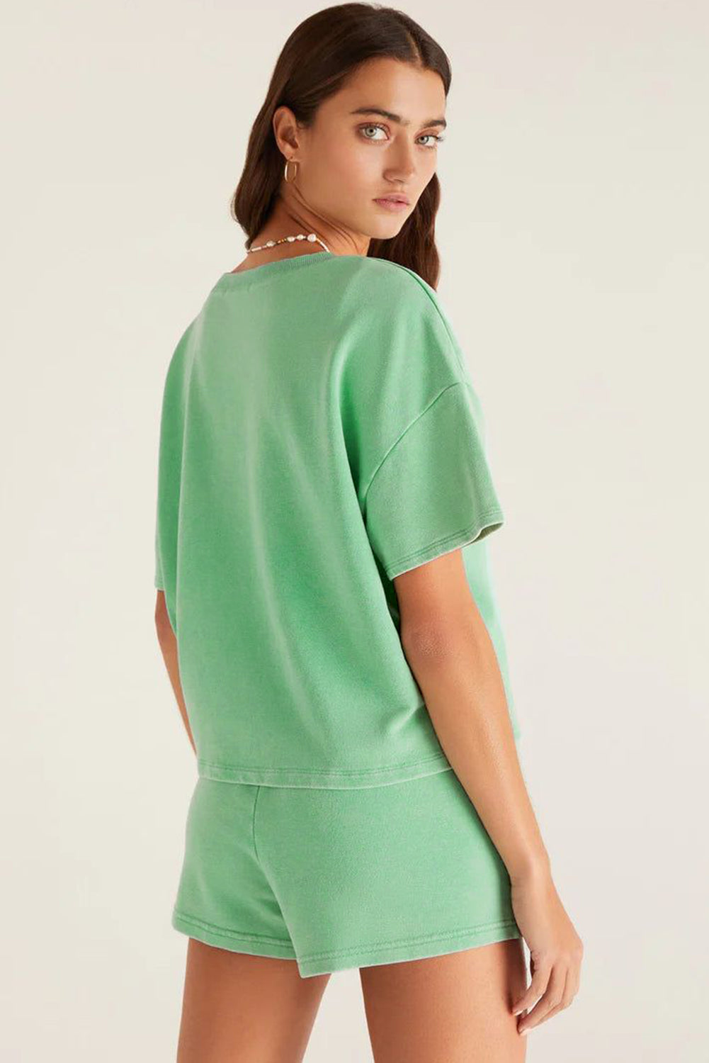 Myosotis V Neck Drop Shoulder Tee and Patchwork Drawstring Shorts Set