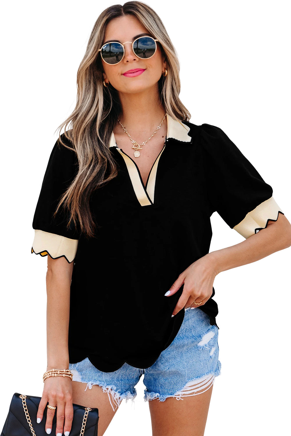 Black Color Contrast Collared V Neck Puff Sleeve Blouse