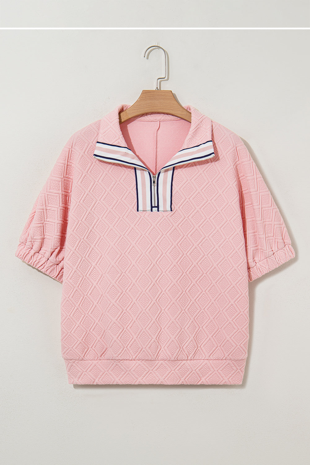 White Contrast Striped Collar Patchwork Textured Half Sleeve Blouse