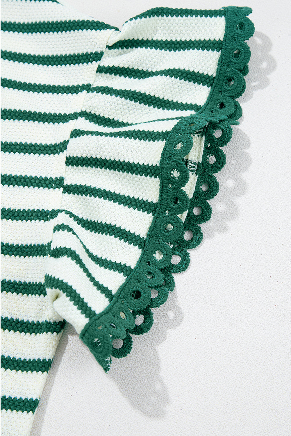 Green Stripe Scallop Lace Trim Ruffle Short Sleeves Crewneck Top