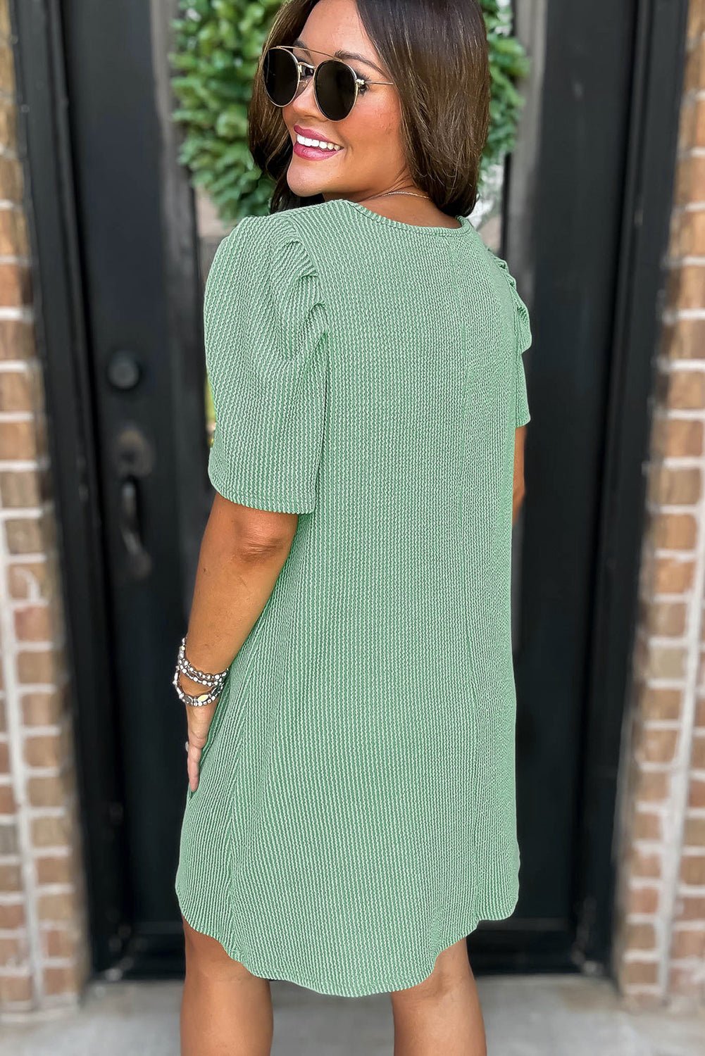 Corded Knit Crew Neck Puff Sleeve Shift Mini Dress
