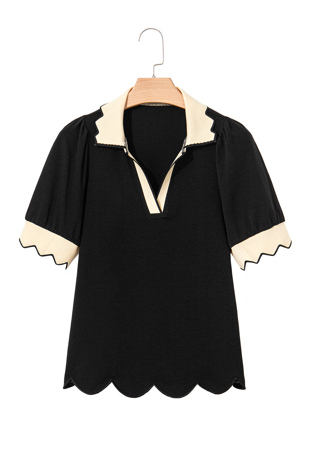 Black Color Contrast Collared V Neck Puff Sleeve Blouse