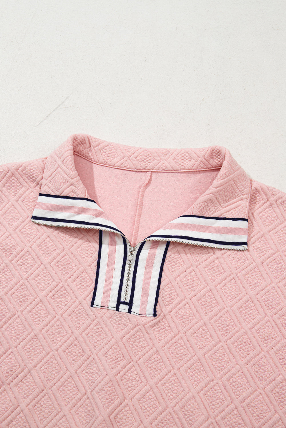 White Contrast Striped Collar Patchwork Textured Half Sleeve Blouse