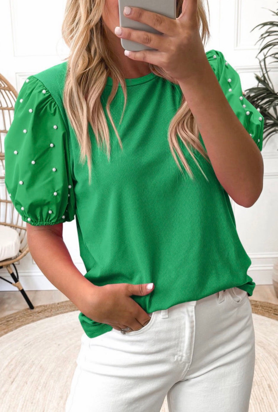 Green Puff Sleeve Pearl Top