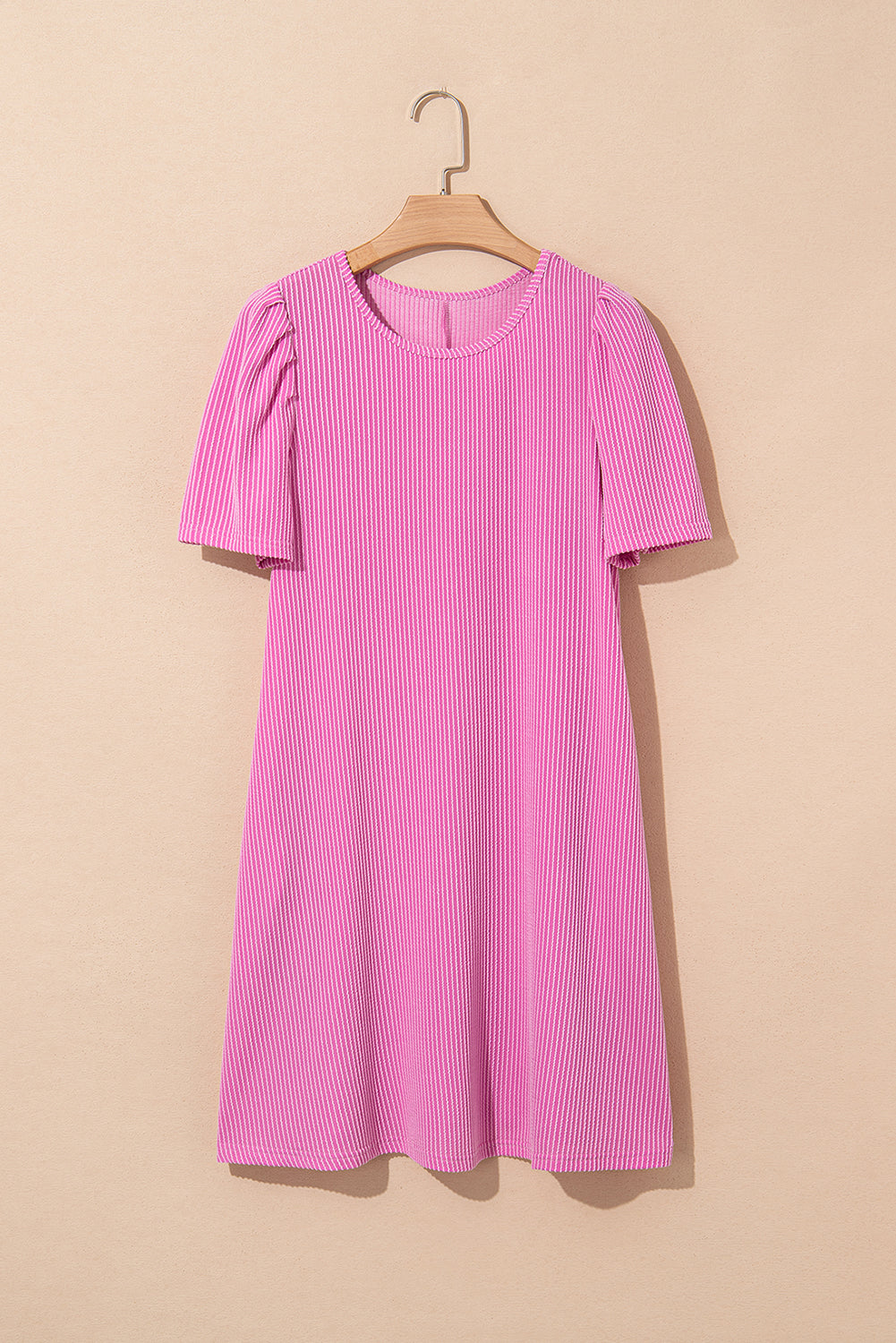Corded Knit Crew Neck Puff Sleeve Shift Mini Dress
