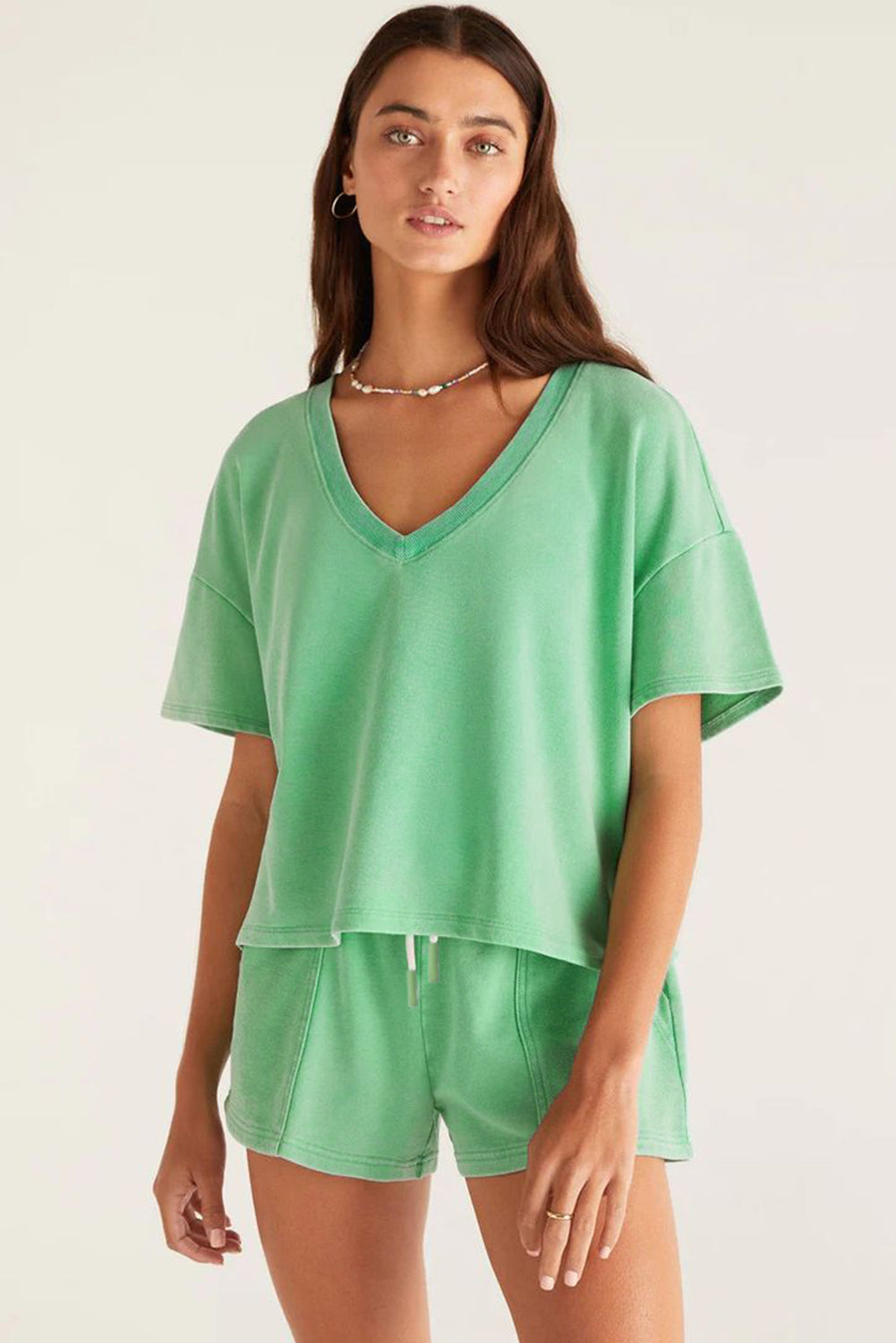 Myosotis V Neck Drop Shoulder Tee and Patchwork Drawstring Shorts Set