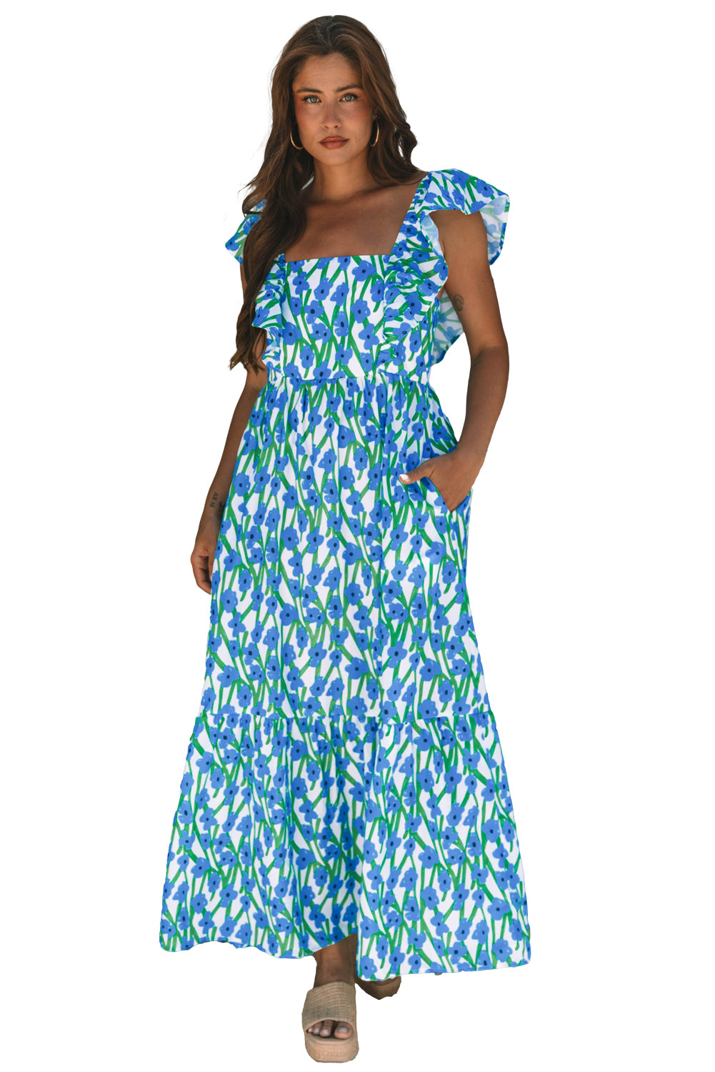 Blue Floral Print Square Neck Ruffled Strap Maxi Dress