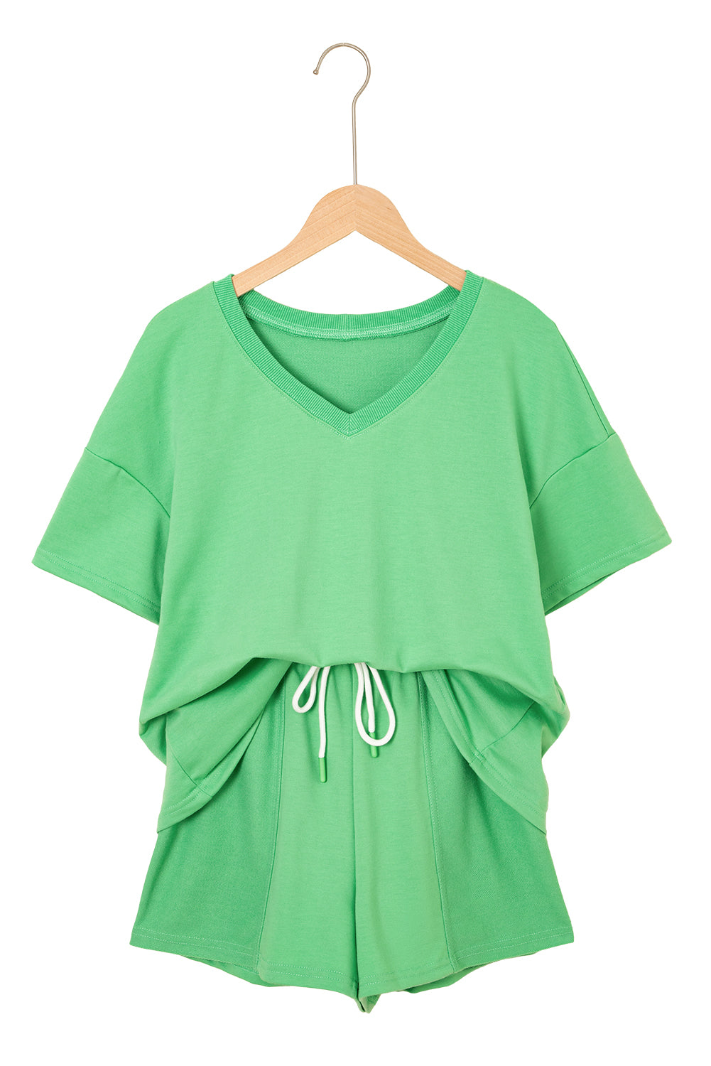 Myosotis V Neck Drop Shoulder Tee and Patchwork Drawstring Shorts Set