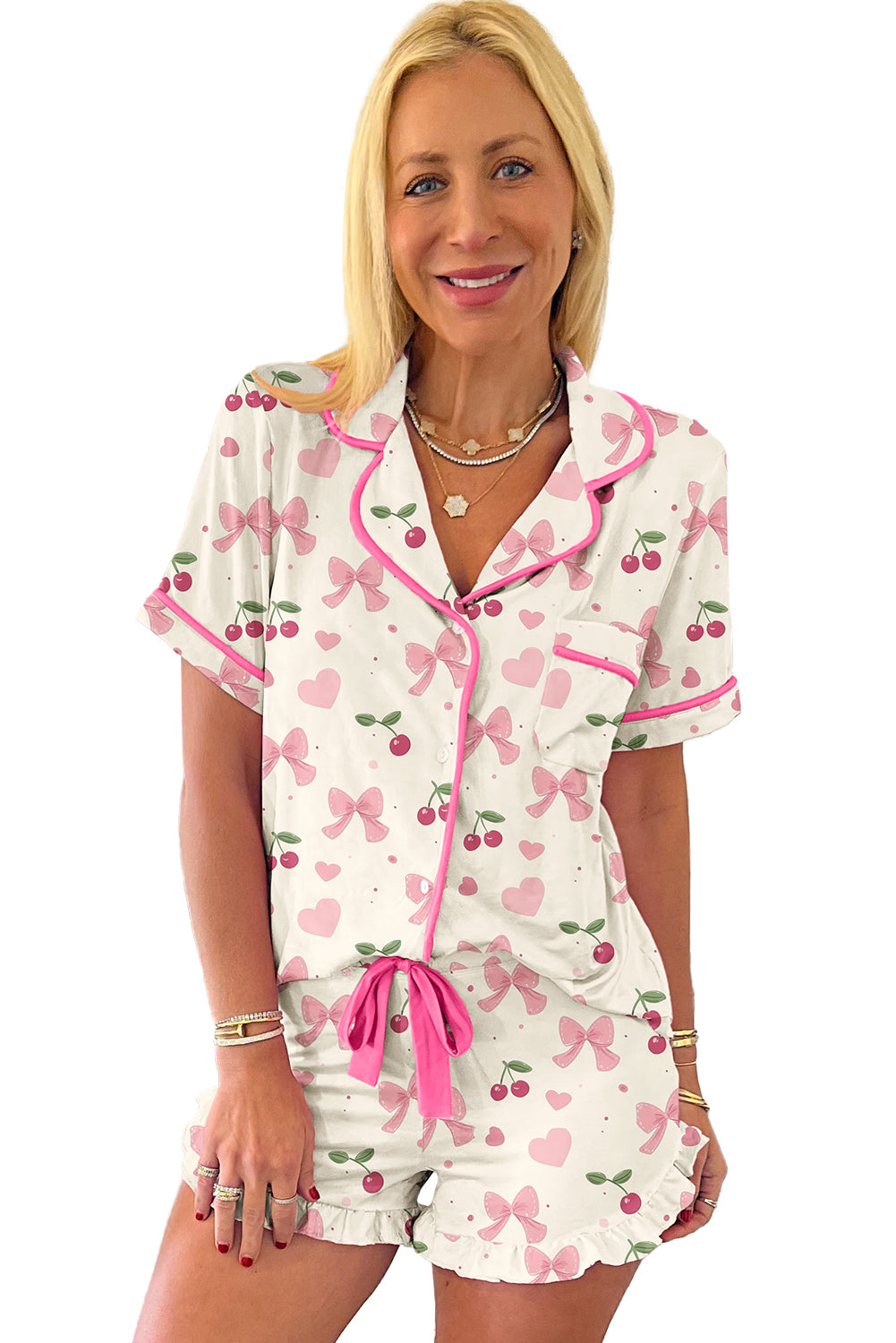 Pink Bow Print Contrast Pipping Short Pajamas Set