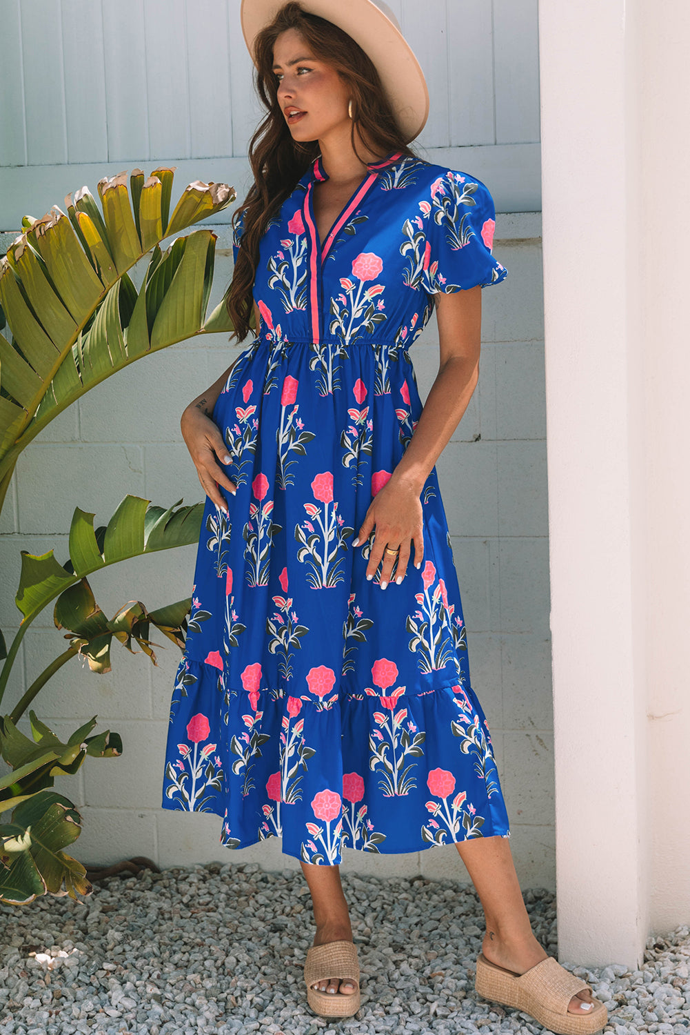 White Floral Puff Short Sleeve V Neck High Waist Maxi Dress