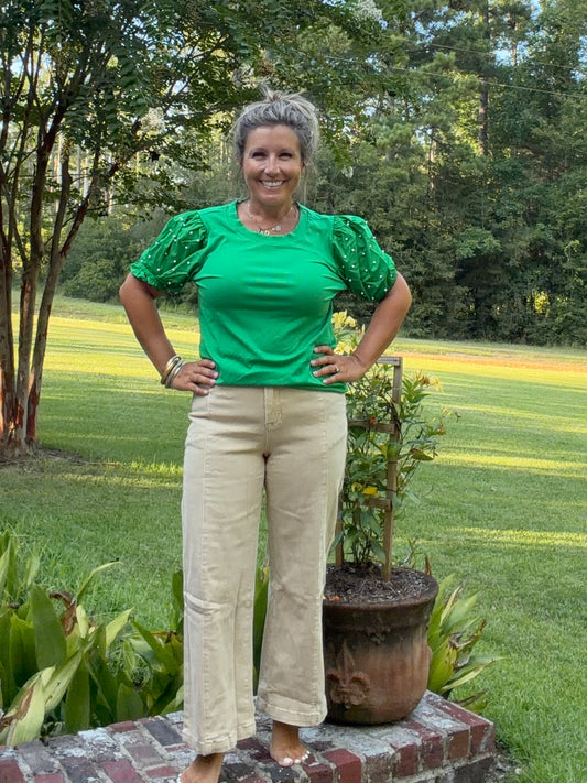 Khaki Seamed Center Wide Leg Cropped Jeans