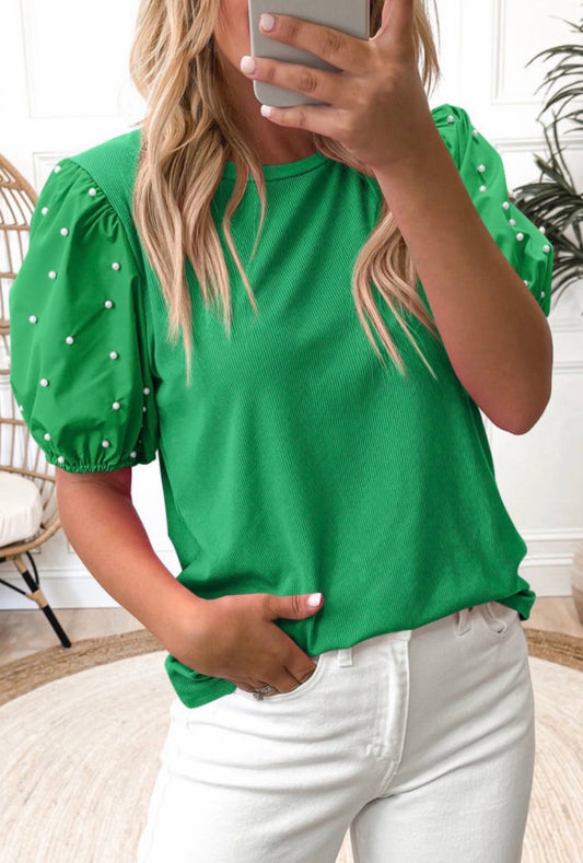 Green Puff Sleeve Pearl Top