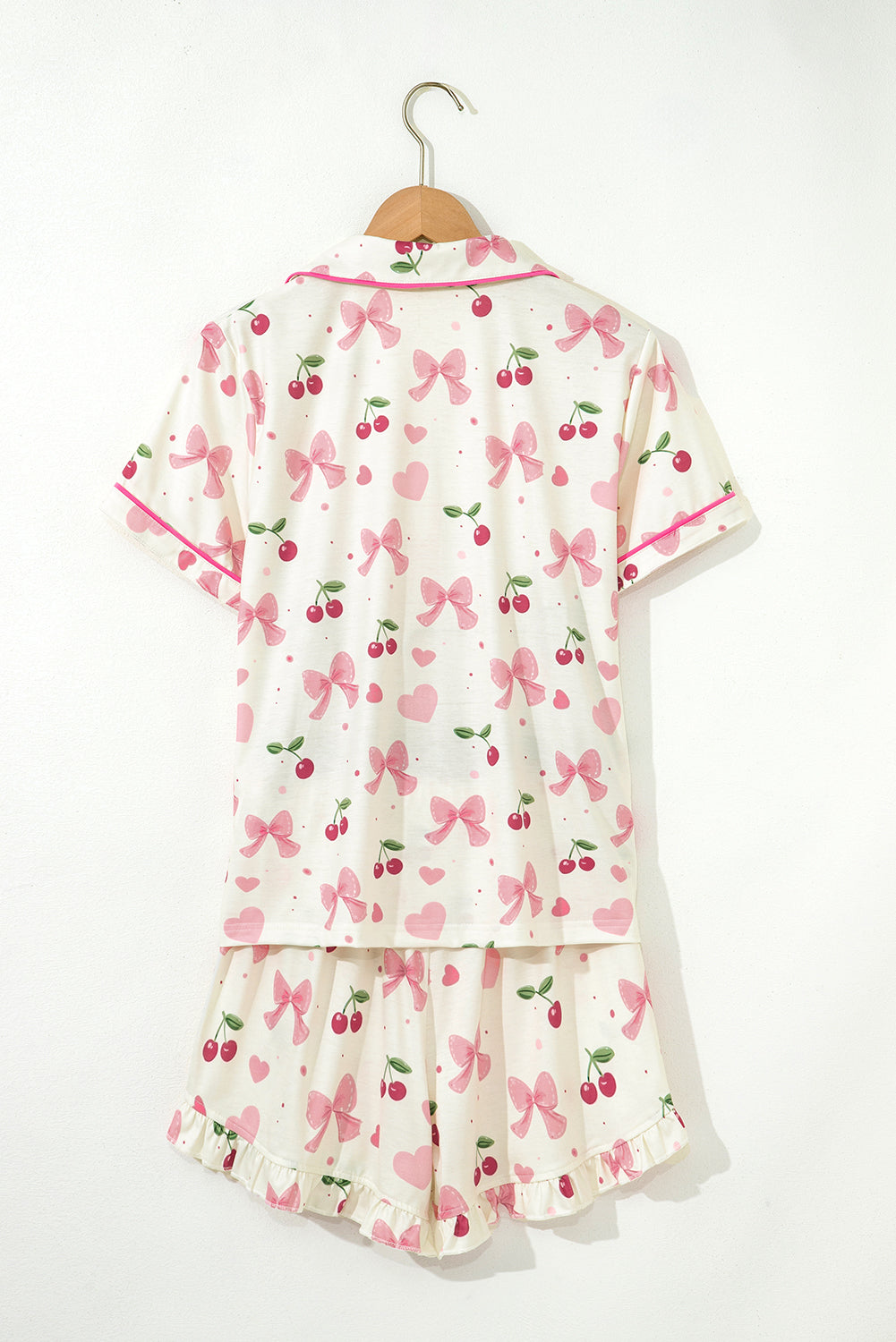 Pink Bow Print Contrast Pipping Short Pajamas Set