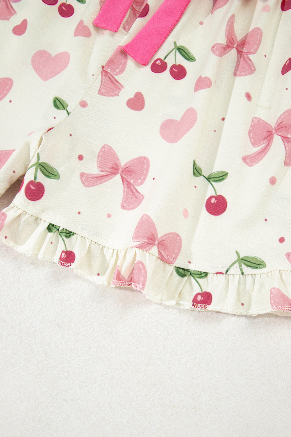 Pink Bow Print Contrast Pipping Short Pajamas Set