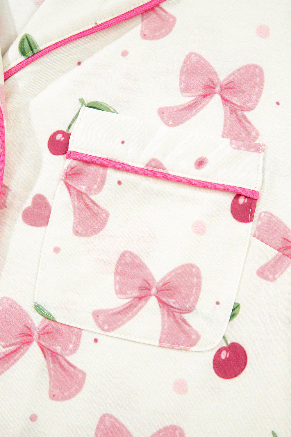 Pink Bow Print Contrast Pipping Short Pajamas Set