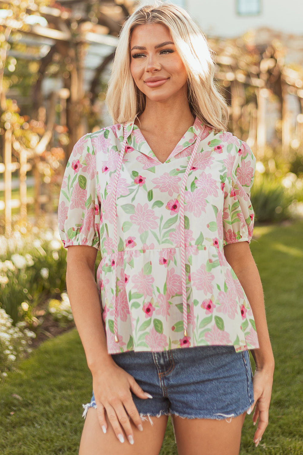 Pink Floral Print Drawstring V Neck Peplum Blouse