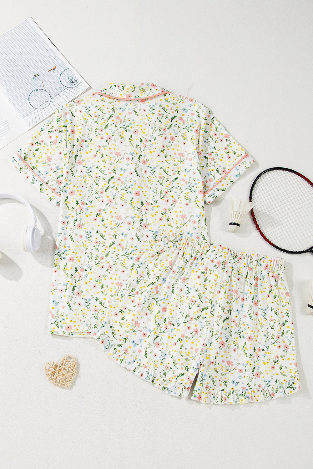 Pink Bow Print Contrast Pipping Short Pajamas Set