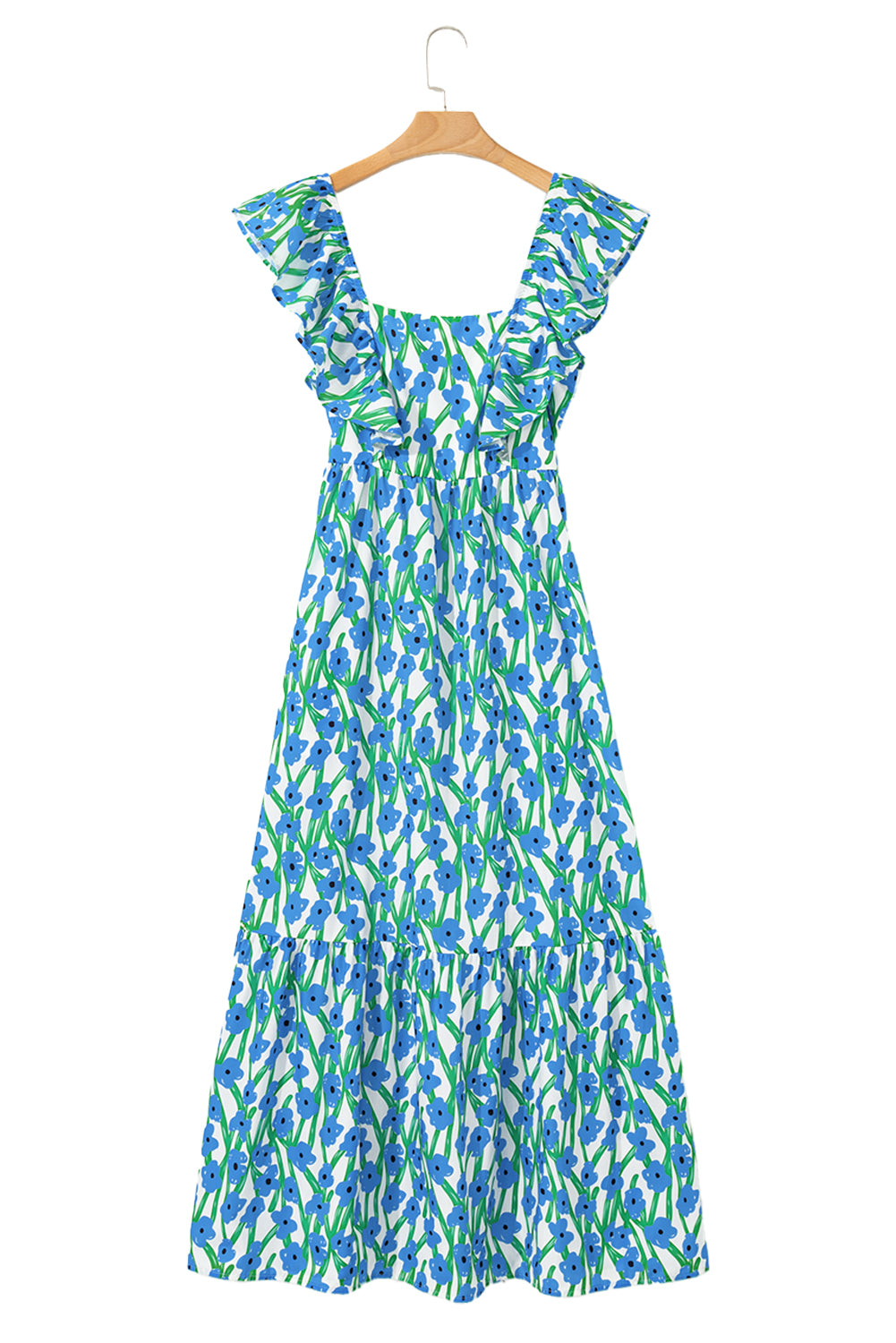 Blue Floral Print Square Neck Ruffled Strap Maxi Dress
