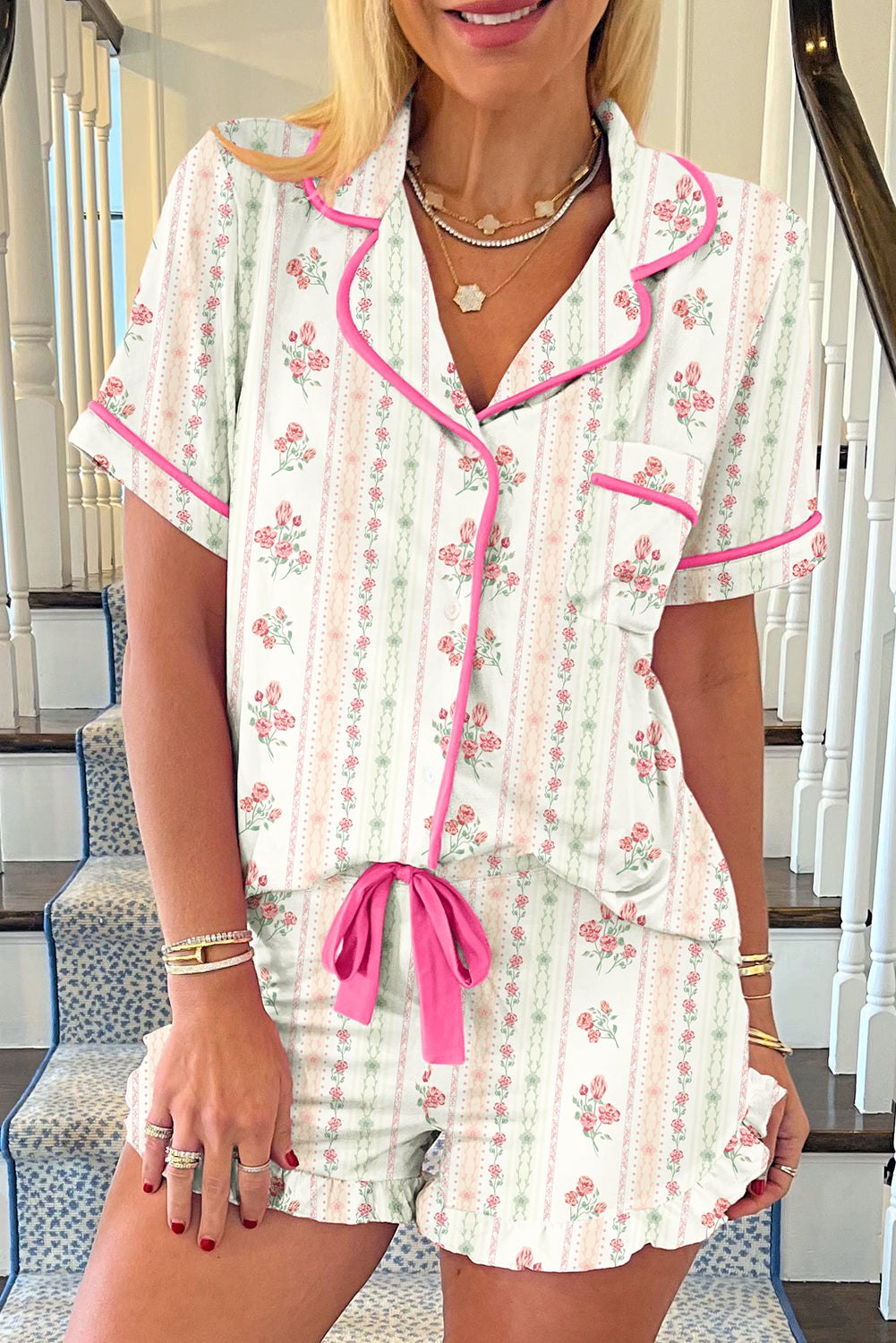 Pink Bow Print Contrast Pipping Short Pajamas Set